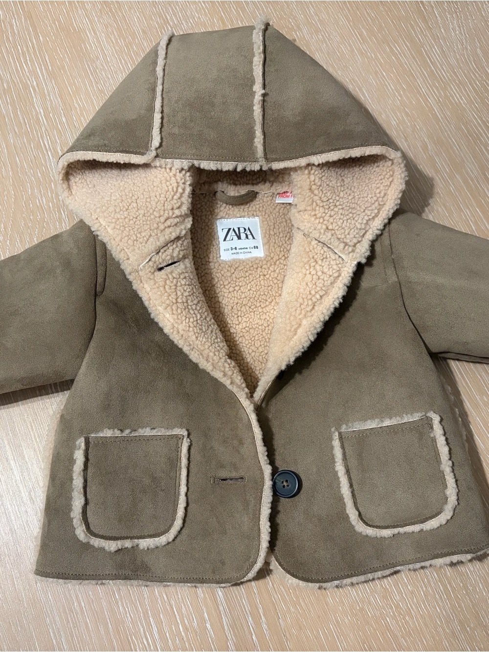 ZARA Olive Hooded Faux-Shearling Puffer Jacket